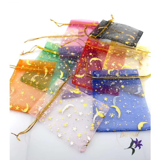 Színes organza tasak arany díszítéssel 