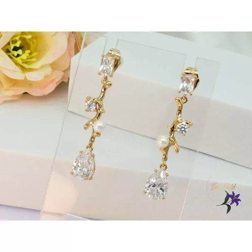 Dina gold filled hosszú csüngős fehér köves fülbevaló-18k 