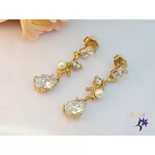 Dina gold filled hosszú csüngős fehér köves fülbevaló-18k 