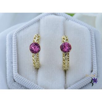   Kármin antiallergén karika fülbevaló középen pink swarovski kővel-14K 