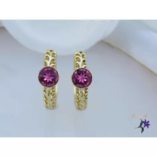 Kármin antiallergén karika fülbevaló középen pink skristályköves -14K 
