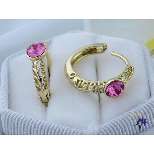 Kármin antiallergén karika fülbevaló középen pink skristályköves -14K 