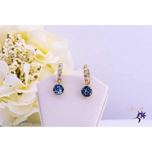 Junó antiallergén köves karika fülbevaló kék csüngős kristálykővel -14K 