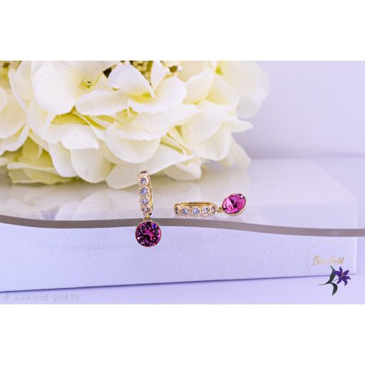 Junó antiallergén köves karika fülbevaló rózsaszín csüngős kristálykővel -14K 