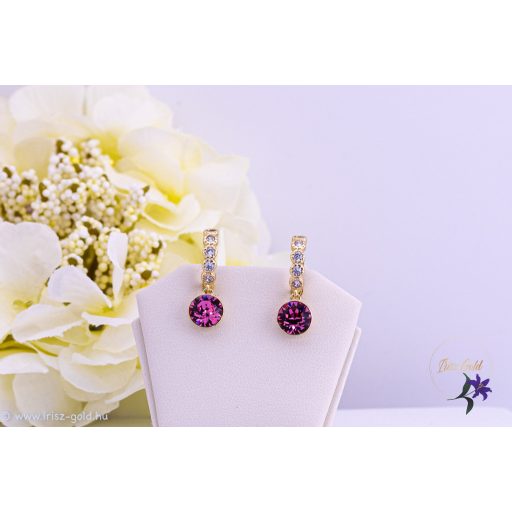 Junó antiallergén köves karika fülbevaló rózsaszín csüngős kristálykővel -14K 