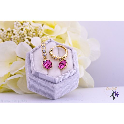 Junó antiallergén köves karika fülbevaló rózsaszín csüngős kristálykővel -14K 