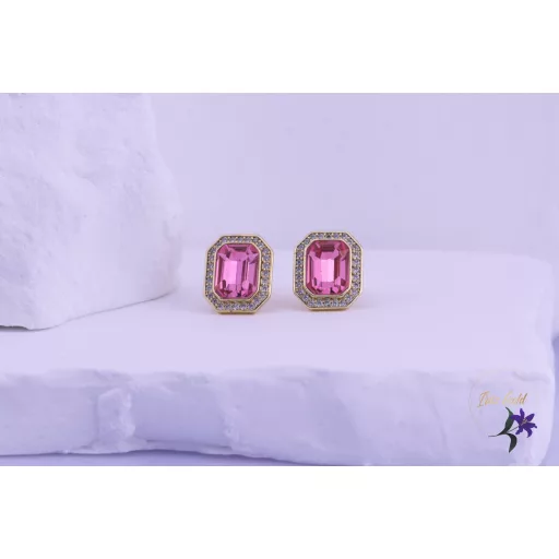 Iglic antiallergén pink kockaköves Swarovski fülbevaló-14K 