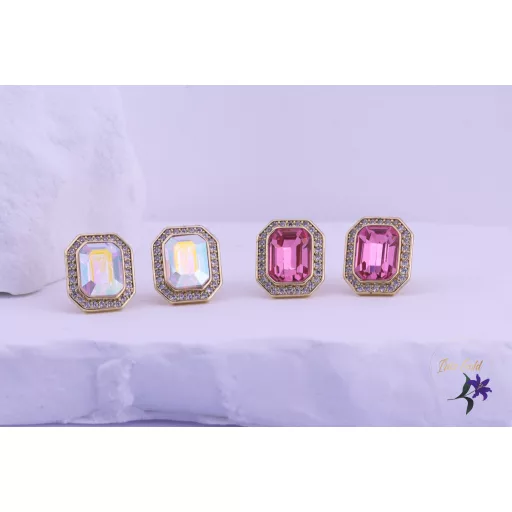 Iglic antiallergén pink kockaköves Swarovski fülbevaló-14K 
