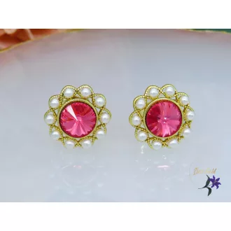 Pink kristályköves virág fülbevaló-14K 