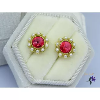 Pink kristályköves virág fülbevaló-14K 