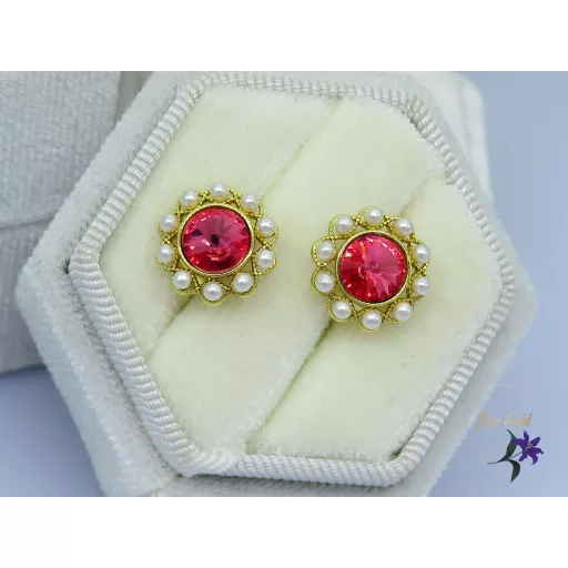 Pink kristályköves virág fülbevaló-14K 