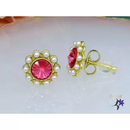 Pink kristályköves virág fülbevaló-14K 