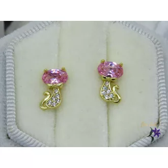 Rózsaszin köves cicás fülbevaló-14K 