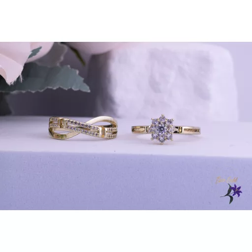 Borostyán goldfilled dúó gyűrű egyik csavart mintás másik középen egy virág-14K 
