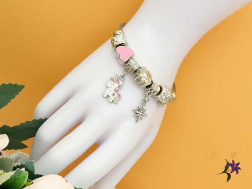 Elvira pandora stilusú karkötő unikornis charm-rozsaszin-rodium 