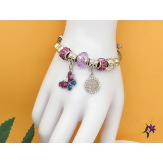 Leona pandora stilusú karkötő pillangó charm-lila-rodium