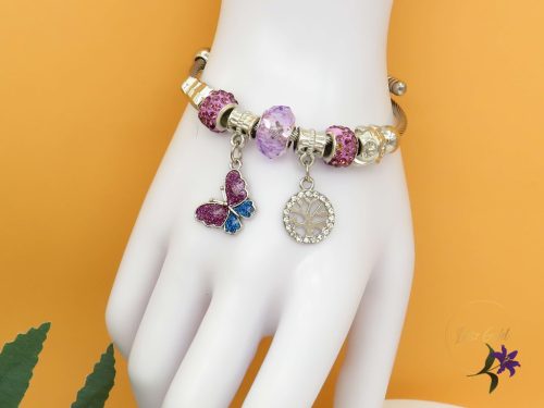 Leona pandora stilusú karkötő pillangó charm-lila-rodium