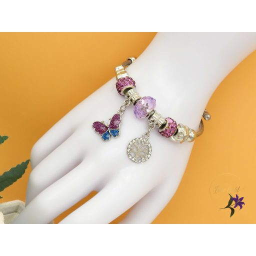 Leona pandora stilusú karkötő pillangó charm-lila-rodium