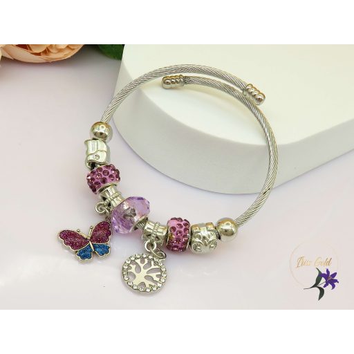 Leona pandora stilusú karkötő pillangó charm-lila-rodium
