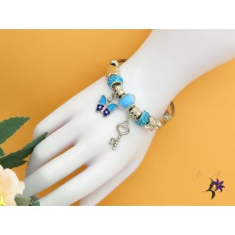 Leona pandora stilusú karkötő pillangó charm-kék-rodium