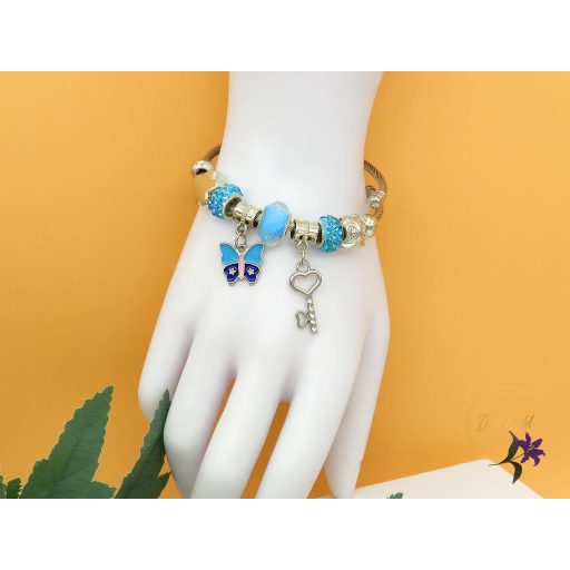 Leona pandora stilusú karkötő pillangó charm-kék-rodium