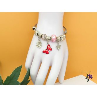   Leona pandora stilusú karkötő pillangó charm-rózsaszín-rodium