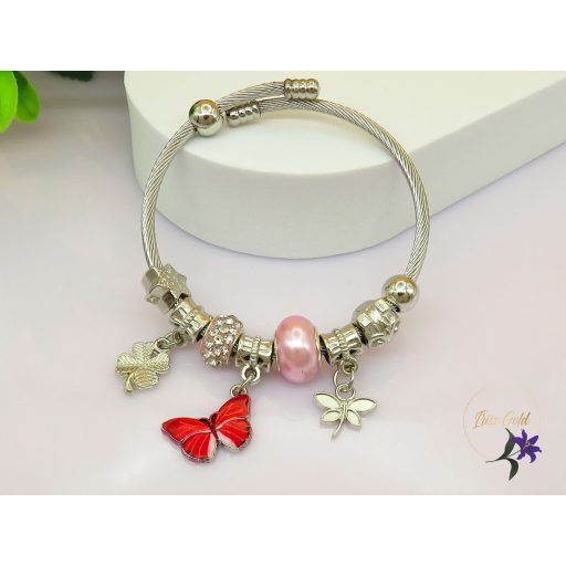 Leona pandora stilusú karkötő pillangó charm-rózsaszín-rodium