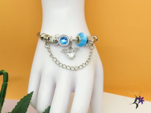 Stella pandora stilusú karkötő angyalsziv charm -kék-ródium 
