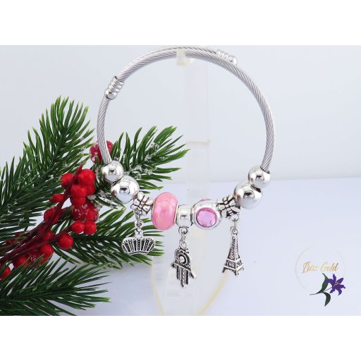 Zséda antiallergén pandóra stilusú rózsaszín charm karkötő-ródium 