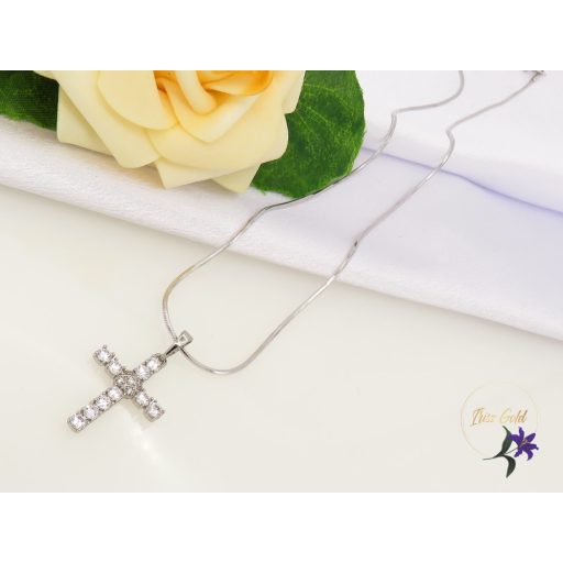 Gazdagon díszített gold filled kereszt medálos lánc -rodium