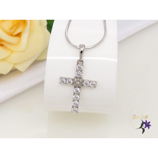 Gazdagon díszített gold filled kereszt medálos lánc -rodium