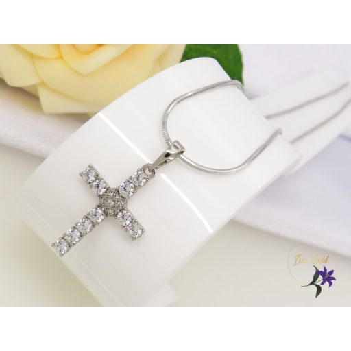 Gazdagon díszített gold filled kereszt medálos lánc -rodium