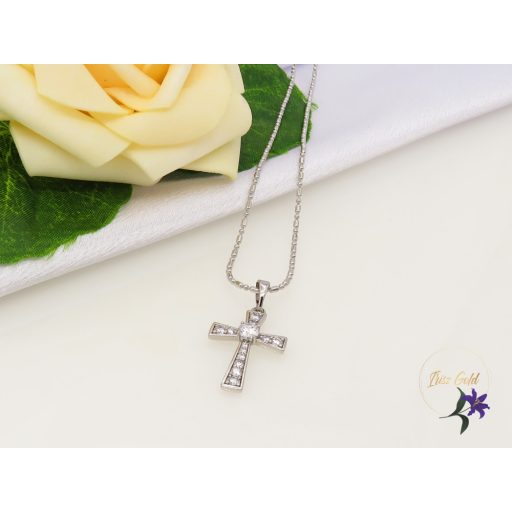 Gold filled központi kővel kereszt medálos nyaklánc -rodium