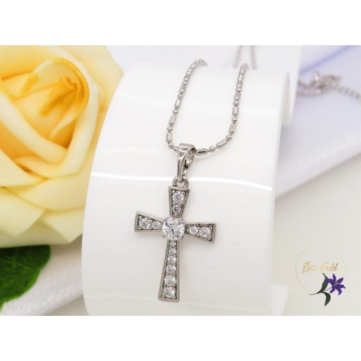 Gold filled központi kővel kereszt medálos nyaklánc -rodium