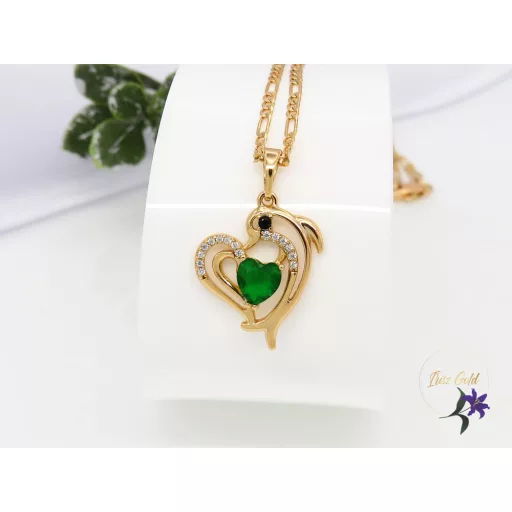 Borinka Gold Filled delfin medálos nyaklánc zöld kövel-18k 
