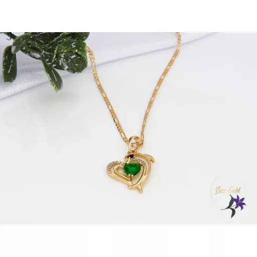 Borinka Gold Filled delfin medálos nyaklánc zöld kövel-18k 