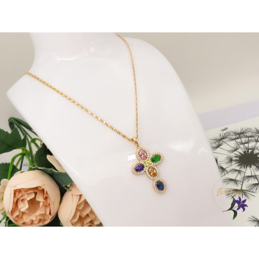 Antiallergén szines köves kereszt medálos nyaklánc-18K 