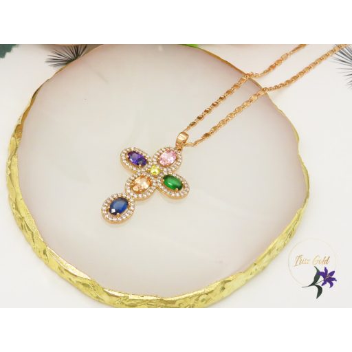 Antiallergén szines köves kereszt medálos nyaklánc-18K 