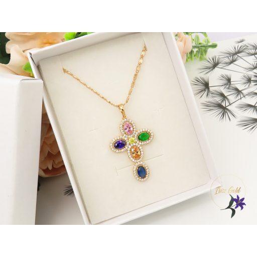 Antiallergén szines köves kereszt medálos nyaklánc-18K 