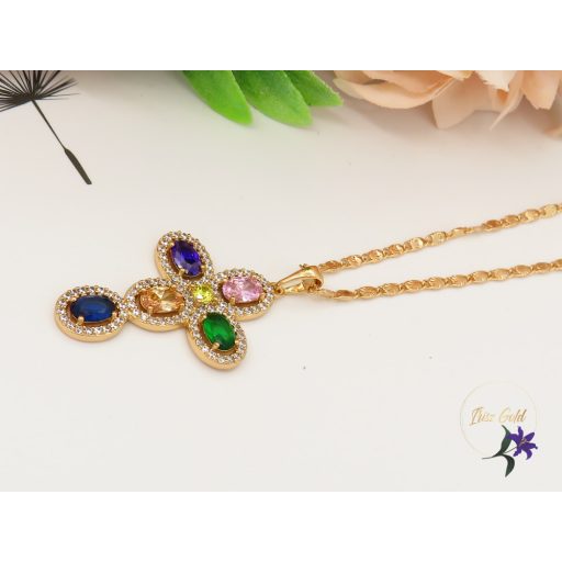 Antiallergén szines köves kereszt medálos nyaklánc-18K 