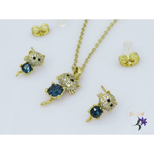 Anaisz antiallergén Swarovski kék köves cicás szett,nyaklánc fülbevaló-14K 