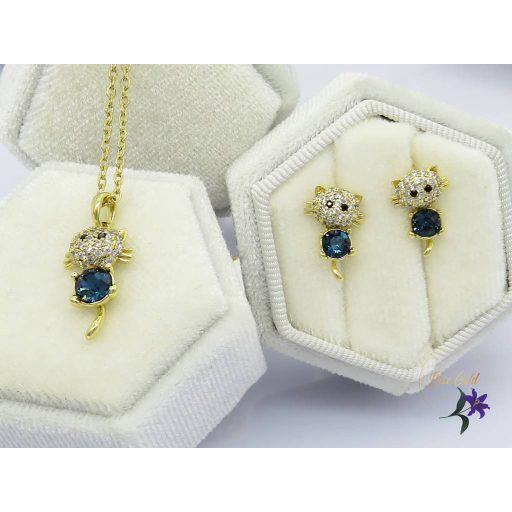 Anaisz antiallergén Swarovski kék köves cicás szett,nyaklánc fülbevaló-14K 