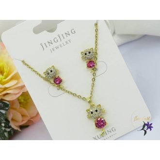   Anaisz antiallergén Swarovski pink köves cicás szett,nyaklánc fülbevaló-14K 
