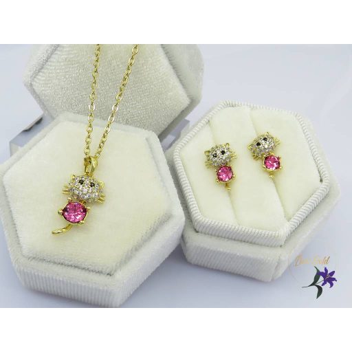 Anaisz antiallergén Swarovski pink köves cicás szett,nyaklánc fülbevaló-14K 