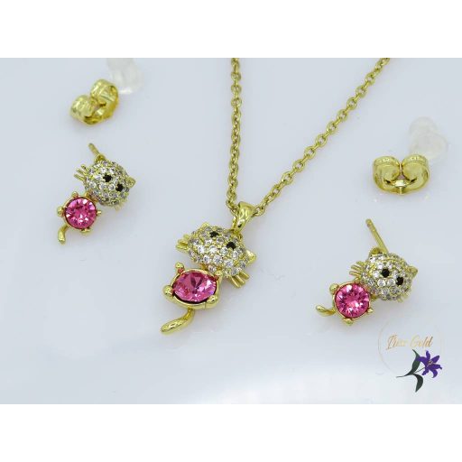Anaisz antiallergén Swarovski pink köves cicás szett,nyaklánc fülbevaló-14K 