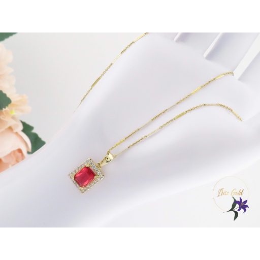 Lianna antiallergén piros kockaköves medálos nyaklánc-14K 
