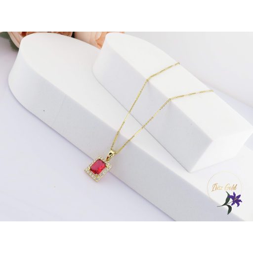 Lianna antiallergén piros kockaköves medálos nyaklánc-14K 