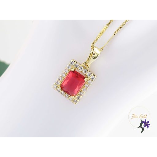 Lianna antiallergén piros kockaköves medálos nyaklánc-14K 