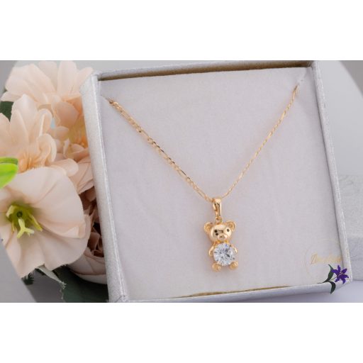 Natali antiallergén bájos maci medálos nyaklánc fehér kővel-18K 