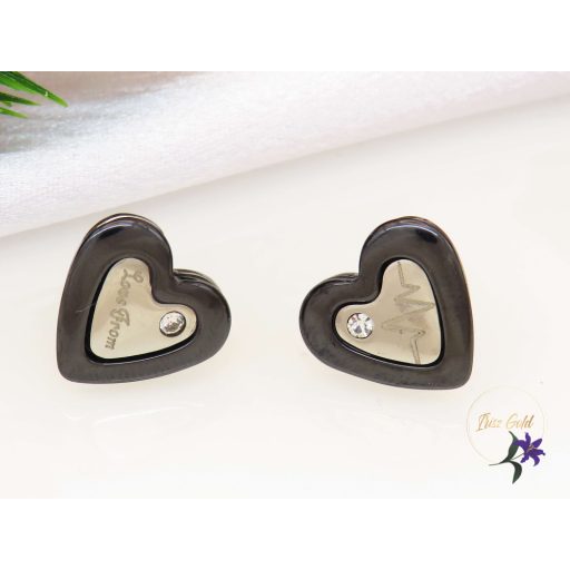Szami-black  szívalakú kerámia fülbevaló-ródium